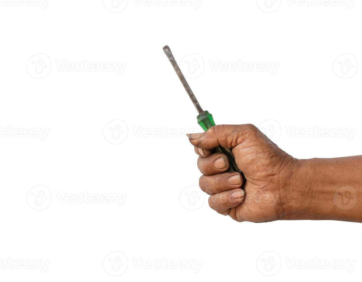 The mechanic is holding an old screw isolated photo