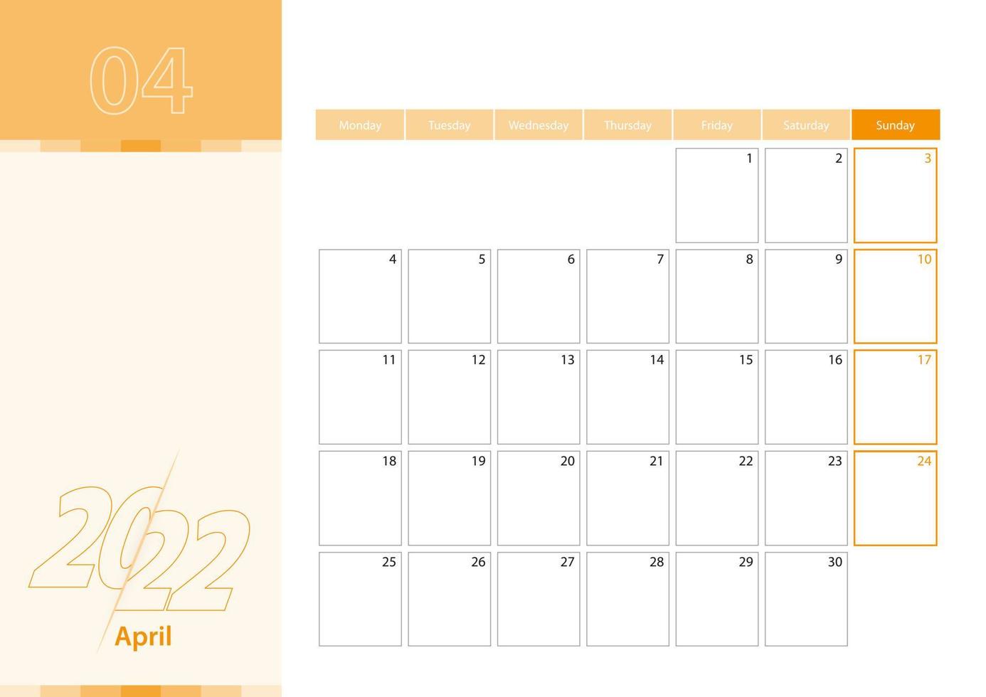 Horizontal planner for April 2022 in the orange color scheme. The week begins on Monday. vector