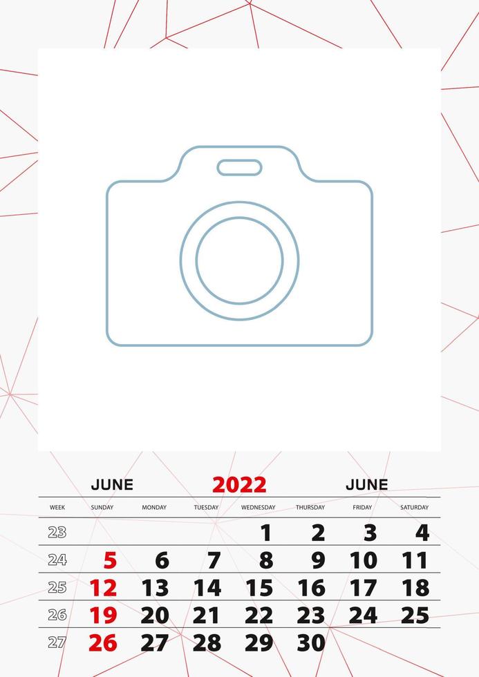 Wall calendar planner template for June 2022, week starts on sunday. vector