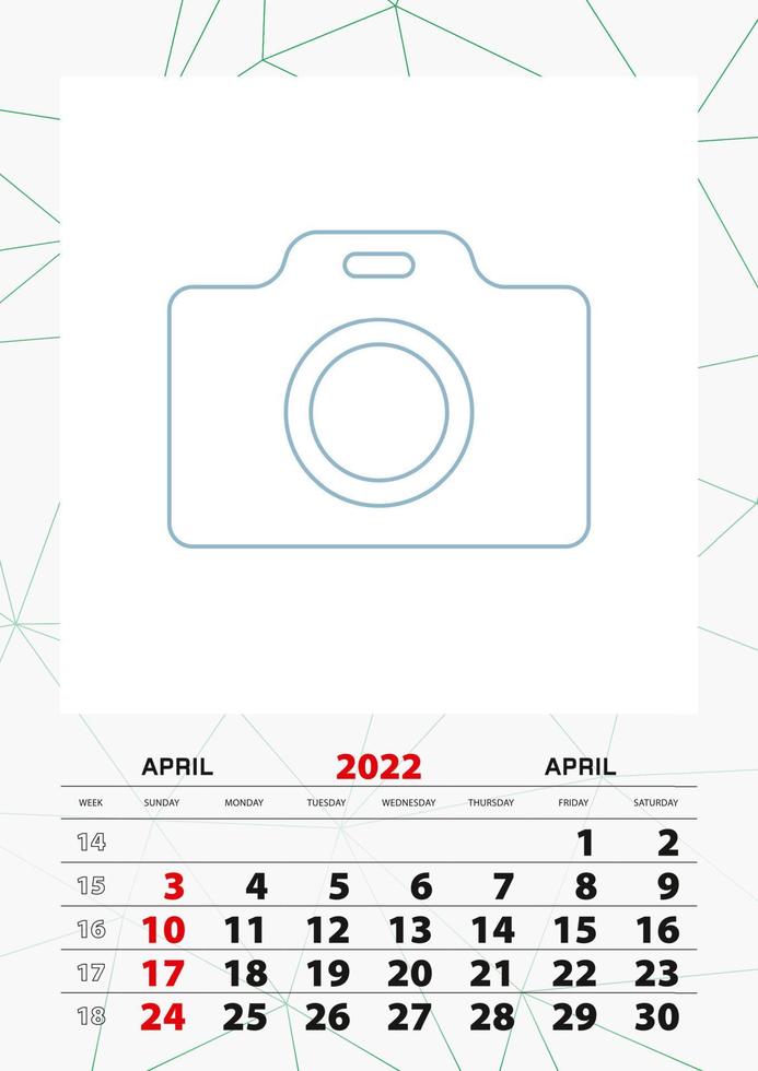 plantilla de planificador de calendario de pared para abril de 2022, la semana comienza el domingo. vector