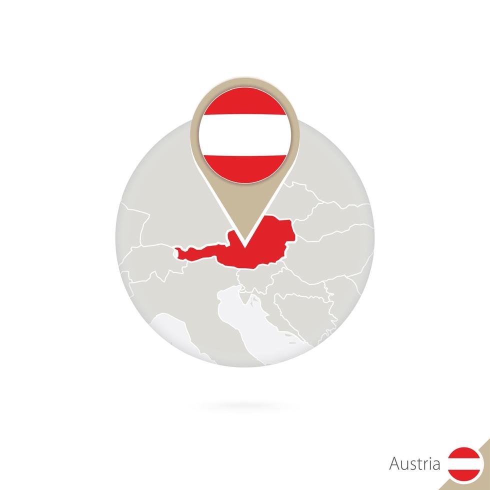 Austria map and flag in circle. Map of Austria, Austria flag pin. Map of Austria in the style of the globe. vector
