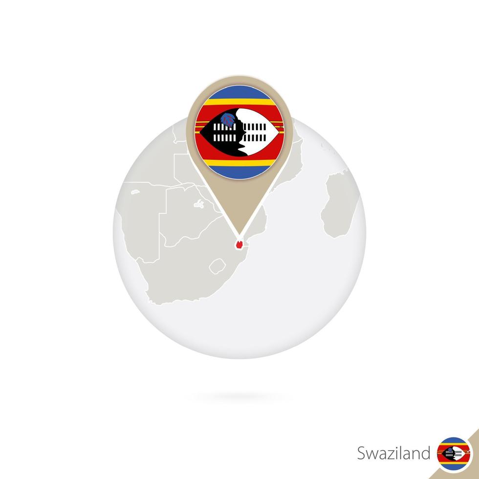 Swaziland map and flag in circle. Map of Swaziland, Swaziland flag pin. Map of Swaziland in the style of the globe. vector