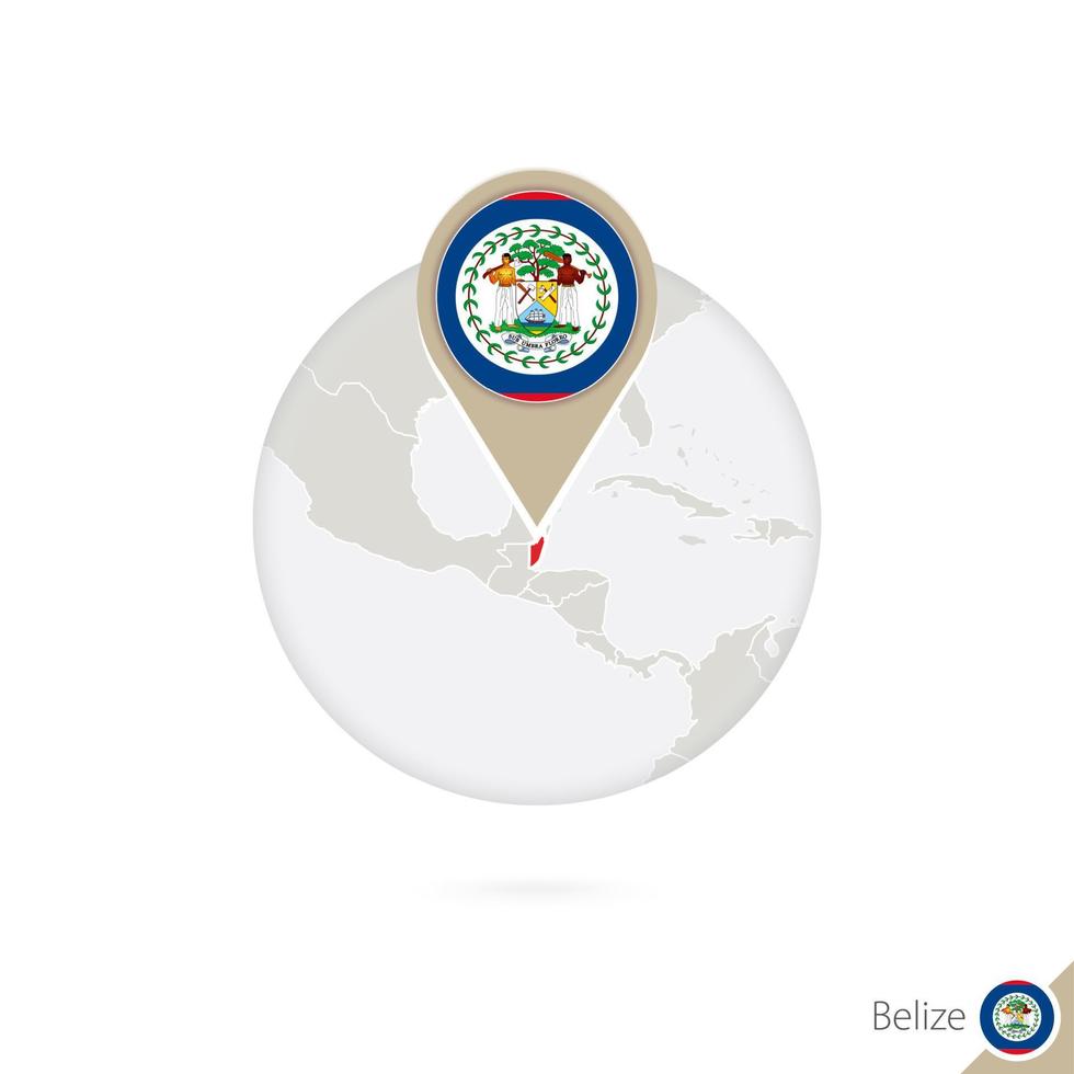 Belize map and flag in circle. Map of Belize, Belize flag pin. Map of Belize in the style of the globe. vector