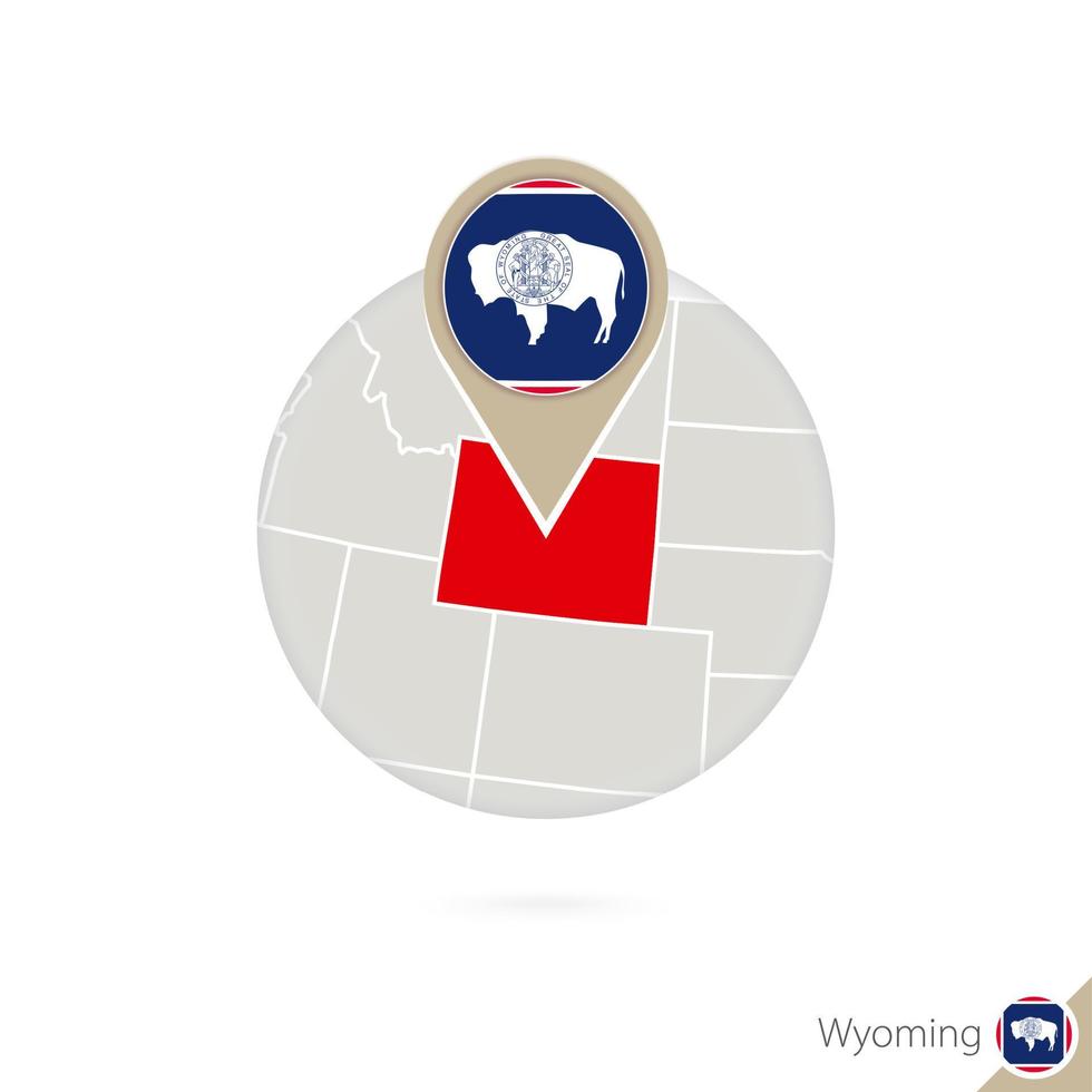 Wyoming US State map and flag in circle. vector
