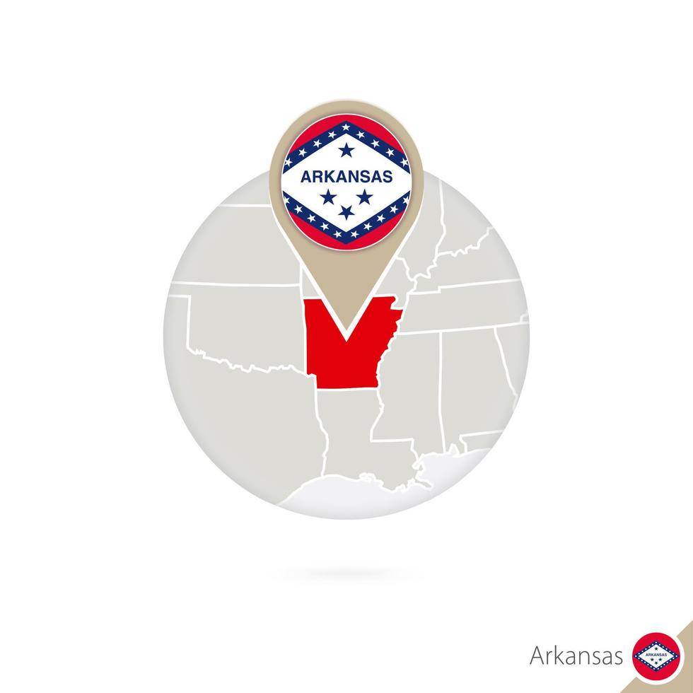 Arkansas US State map and flag in circle. Map of Arkansas, Arkansas flag pin. Map of Arkansas in the style of the globe. vector