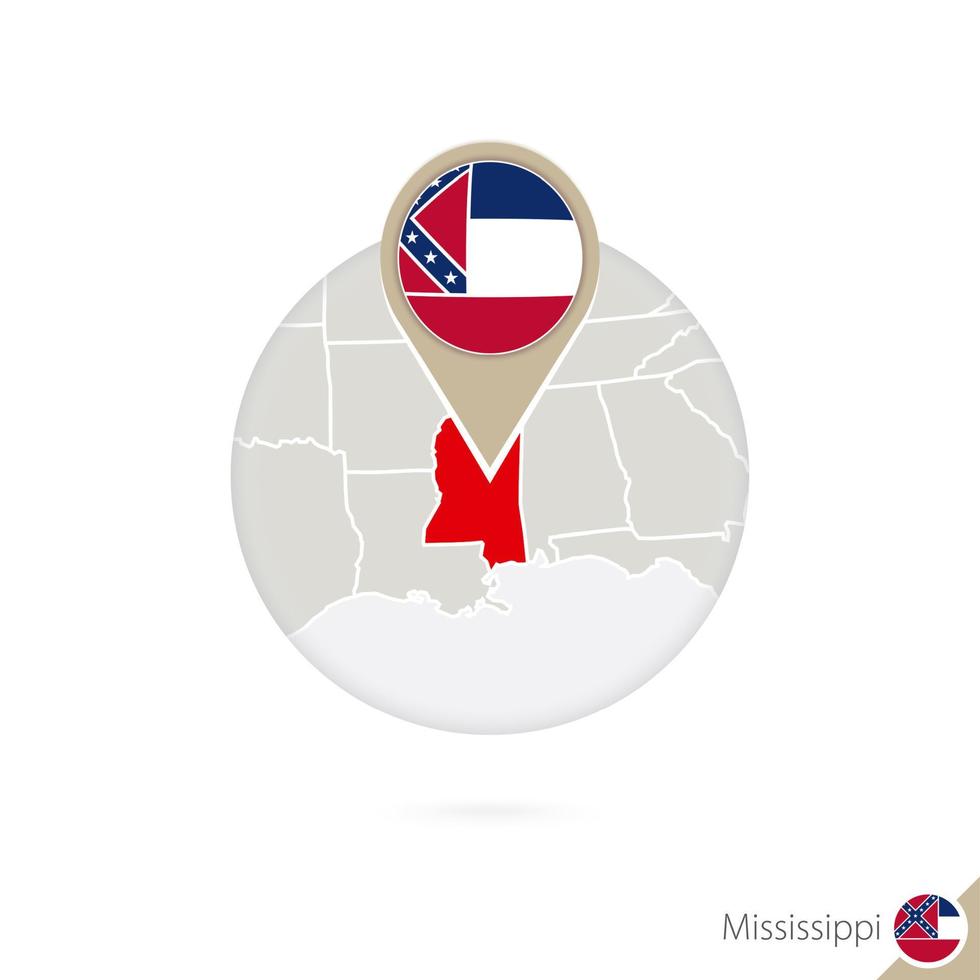 mapa del estado de mississippi y bandera en círculo. mapa de mississippi, alfiler de la bandera de mississippi. mapa de mississippi al estilo del mundo. vector