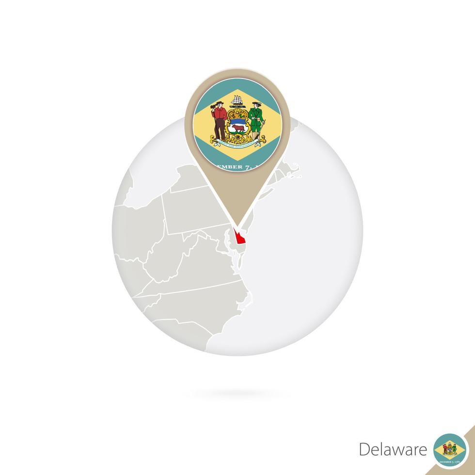 Delaware US State map and flag in circle. Map of Delaware, Delaware flag pin. Map of Delaware in the style of the globe. vector