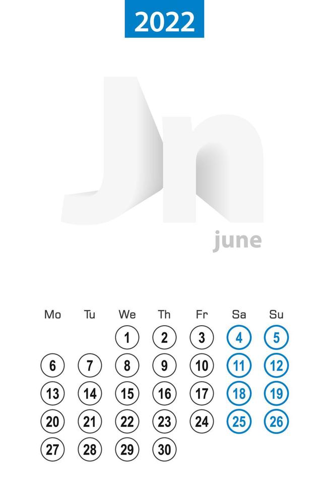 calendario para junio de 2022, diseño de círculo azul. idioma inglés, la semana comienza el lunes. vector