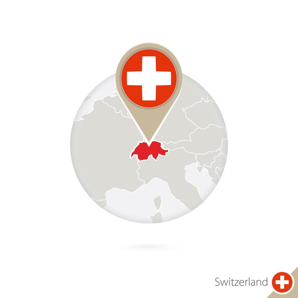 Switzerland map and flag in circle. Map of Switzerland, Switzerland flag pin. Map of Switzerland in the style of the globe. vector