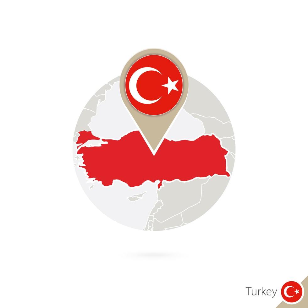 Turkey map and flag in circle. Map of Turkey, Turkey flag pin. Map of Turkey in the style of the globe. vector