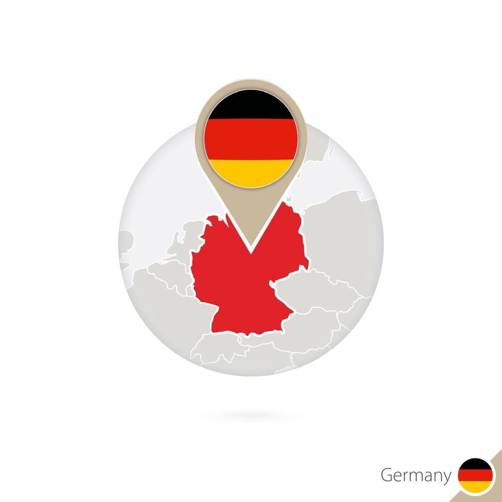 Alemania mapa y bandera en círculo. mapa de alemania, alfiler de bandera de alemania. mapa de alemania al estilo del mundo. vector
