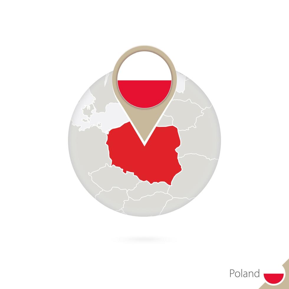 Poland map and flag in circle. Map of Poland, Poland flag pin. Map of Poland in the style of the globe. vector