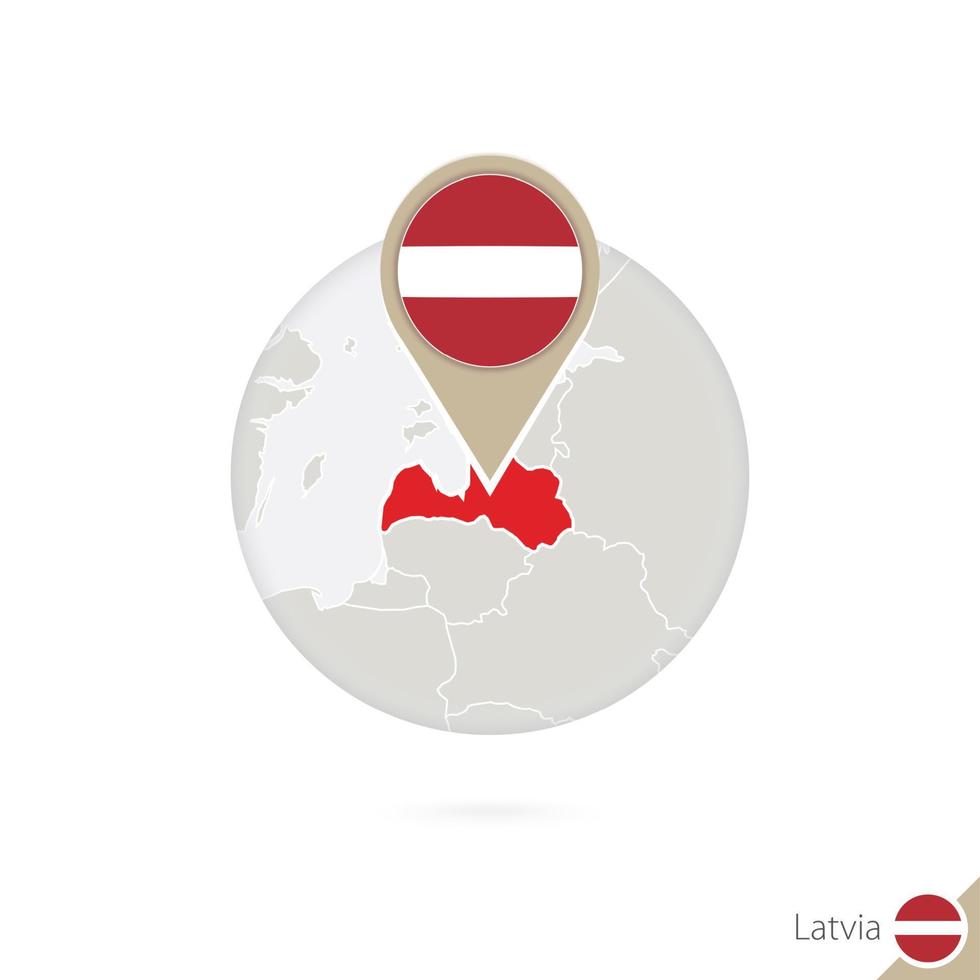 Latvia map and flag in circle. Map of Latvia, Latvia flag pin. Map of Latvia in the style of the globe. vector