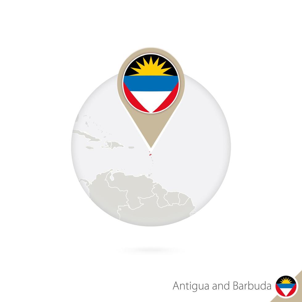 Antigua and Barbuda map and flag in circle. Map of Antigua and Barbuda, Antigua and Barbuda flag pin. Map of Antigua and Barbuda in the style of the globe. vector