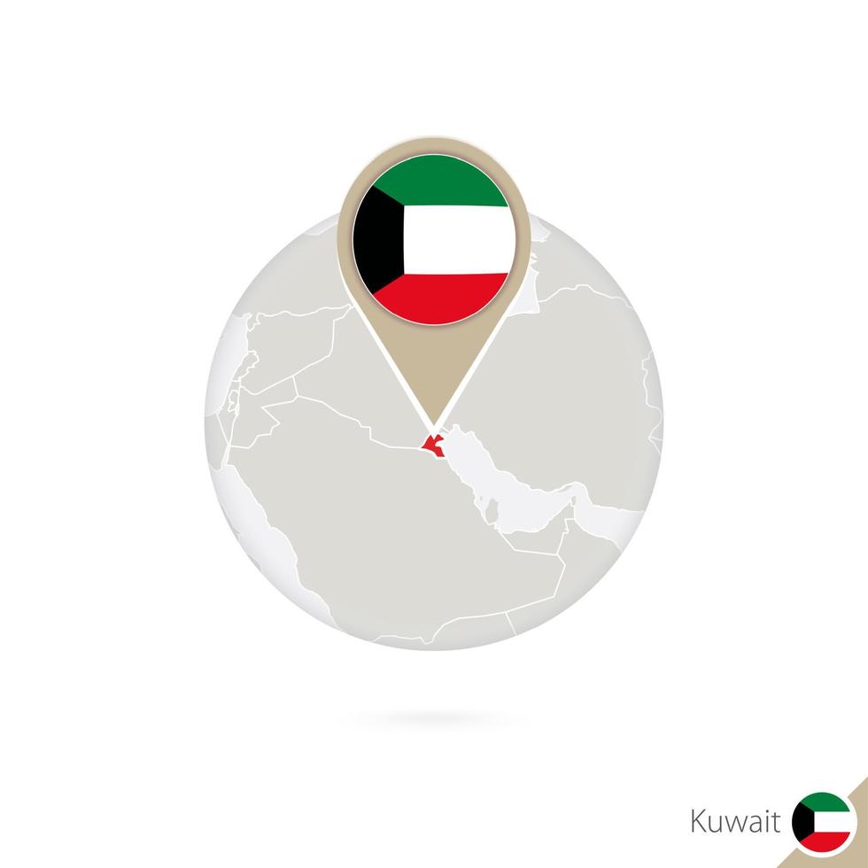 mapa de kuwait y bandera en círculo. mapa de kuwait, alfiler de la bandera de kuwait. mapa de kuwait al estilo del mundo. vector