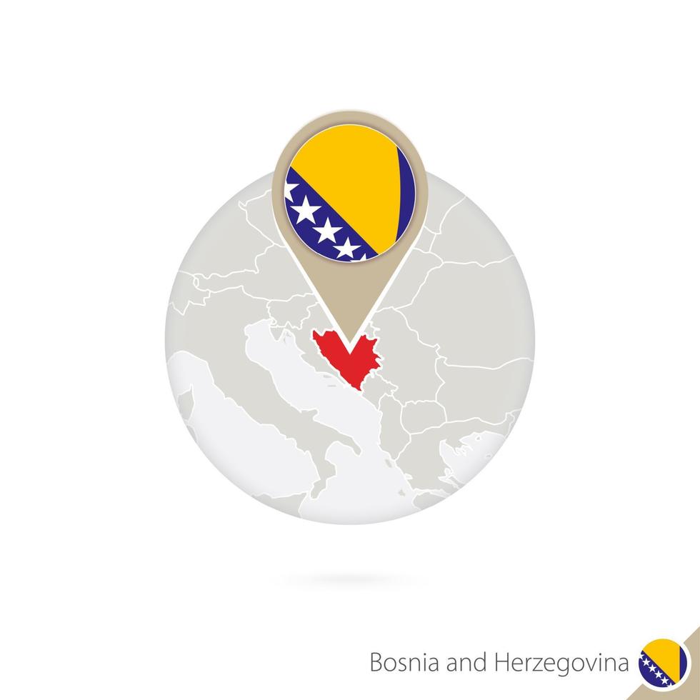 Bosnia and Herzegovina map and flag in circle. Map of Bosnia and Herzegovina, Bosnia and Herzegovina flag pin. Map of Bosnia and Herzegovina in the style of the globe. vector