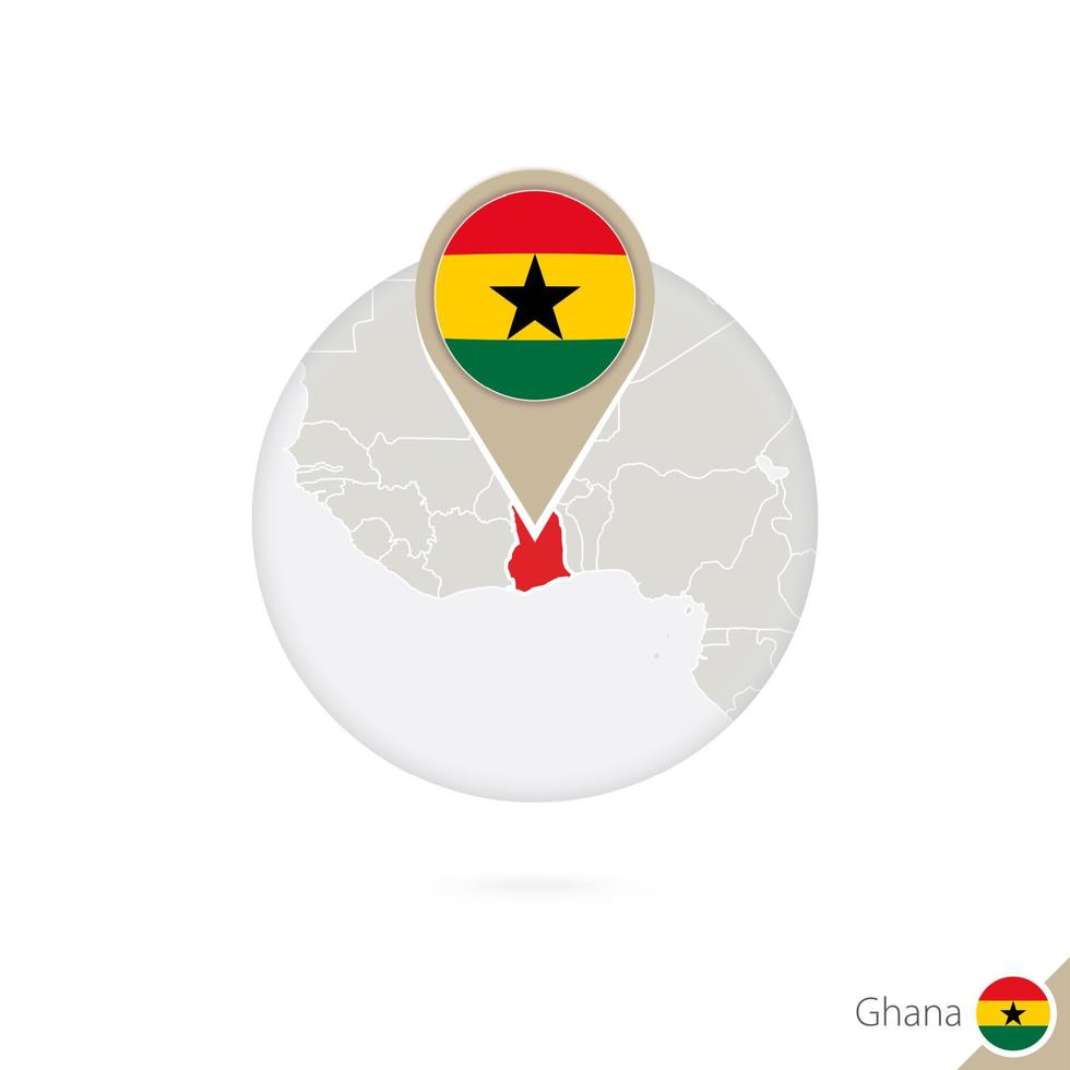 Ghana map and flag in circle. Map of Ghana, Ghana flag pin. Map of Ghana in the style of the globe. vector