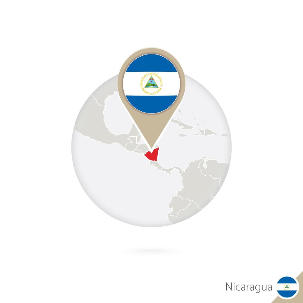 Nicaragua map and flag in circle. Map of Nicaragua, Nicaragua flag pin. Map of Nicaragua in the style of the globe. vector
