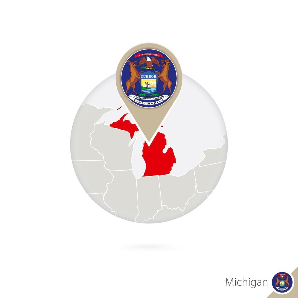 mapa del estado de michigan us y bandera en círculo. mapa de michigan, alfiler de la bandera de michigan. mapa de michigan al estilo del mundo. vector