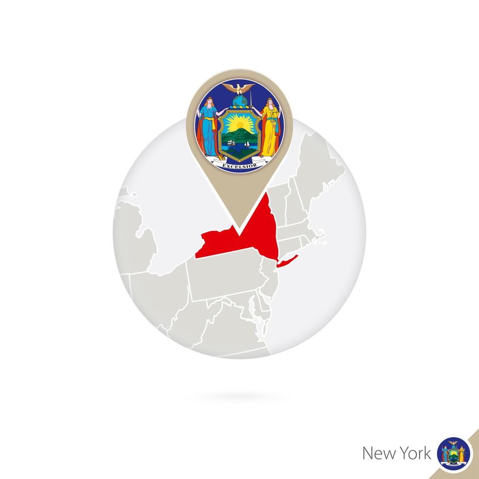 mapa del estado de nueva york y bandera en círculo. mapa de nueva york, alfiler de bandera de nueva york. mapa de nueva york al estilo del mundo. vector