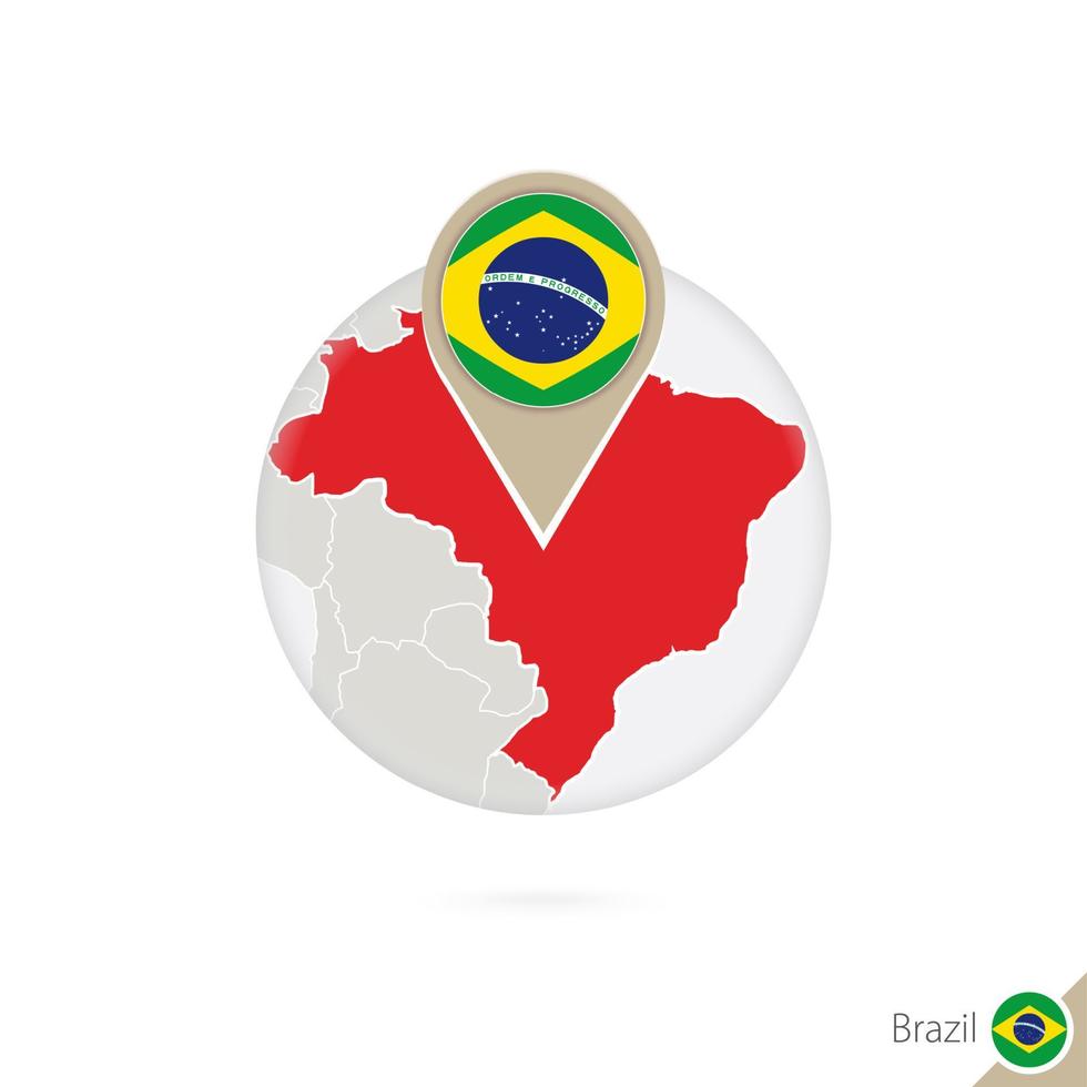 Brazil map and flag in circle. Map of Brazil, Brazil flag pin. Map of Brazil in the style of the globe. vector