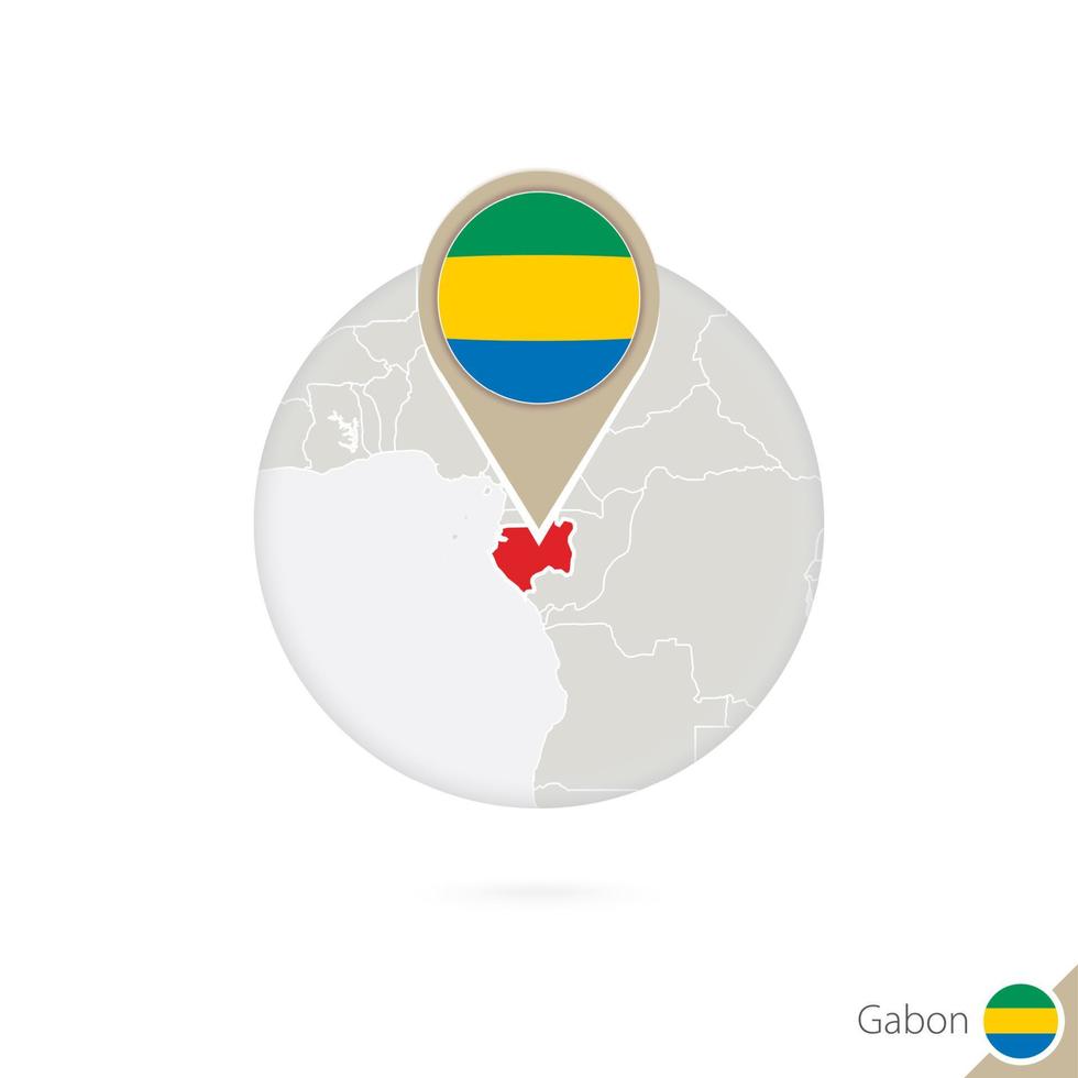Gabon map and flag in circle. Map of Gabon, Gabon flag pin. Map of Gabon in the style of the globe. vector