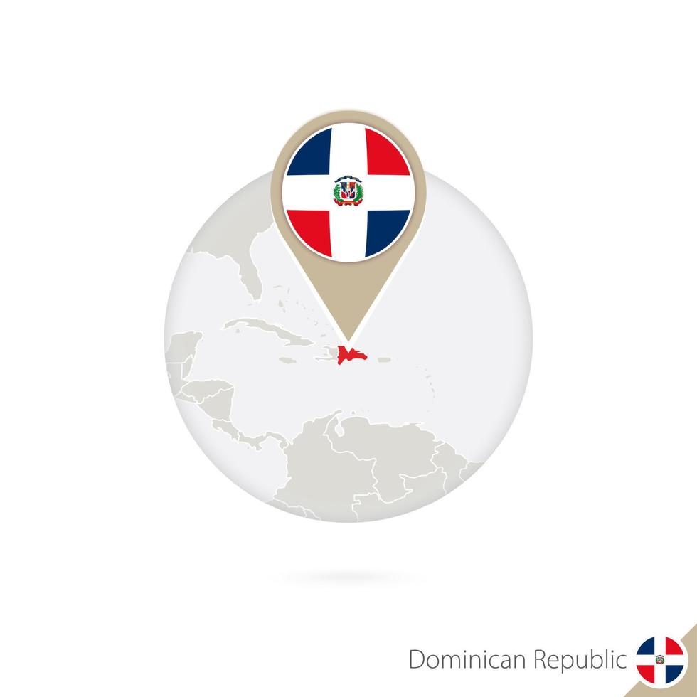 Dominican Republic map and flag in circle. Map of Dominican Republic, Dominican Republic flag pin. Map of Dominican Republic in the style of the globe. vector