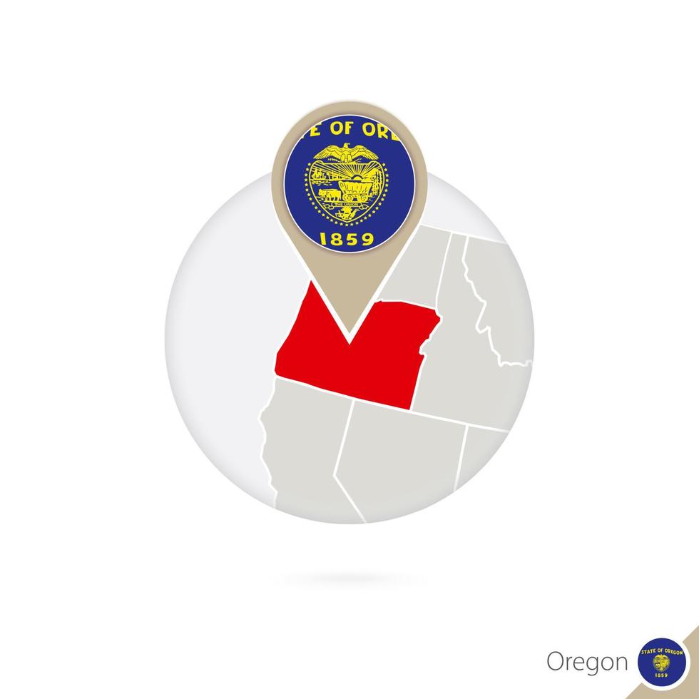 Oregon US State map and flag in circle. Map of Oregon, Oregon flag pin. Map of Oregon in the style of the globe. vector