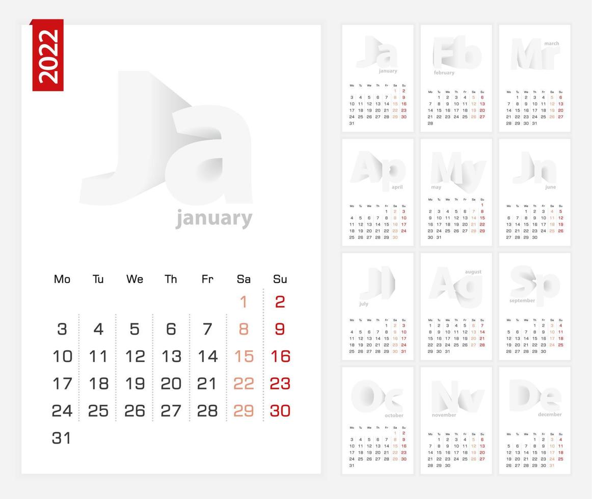 Calendar 2022 template, minimalist calendar set for 2022 year. vector