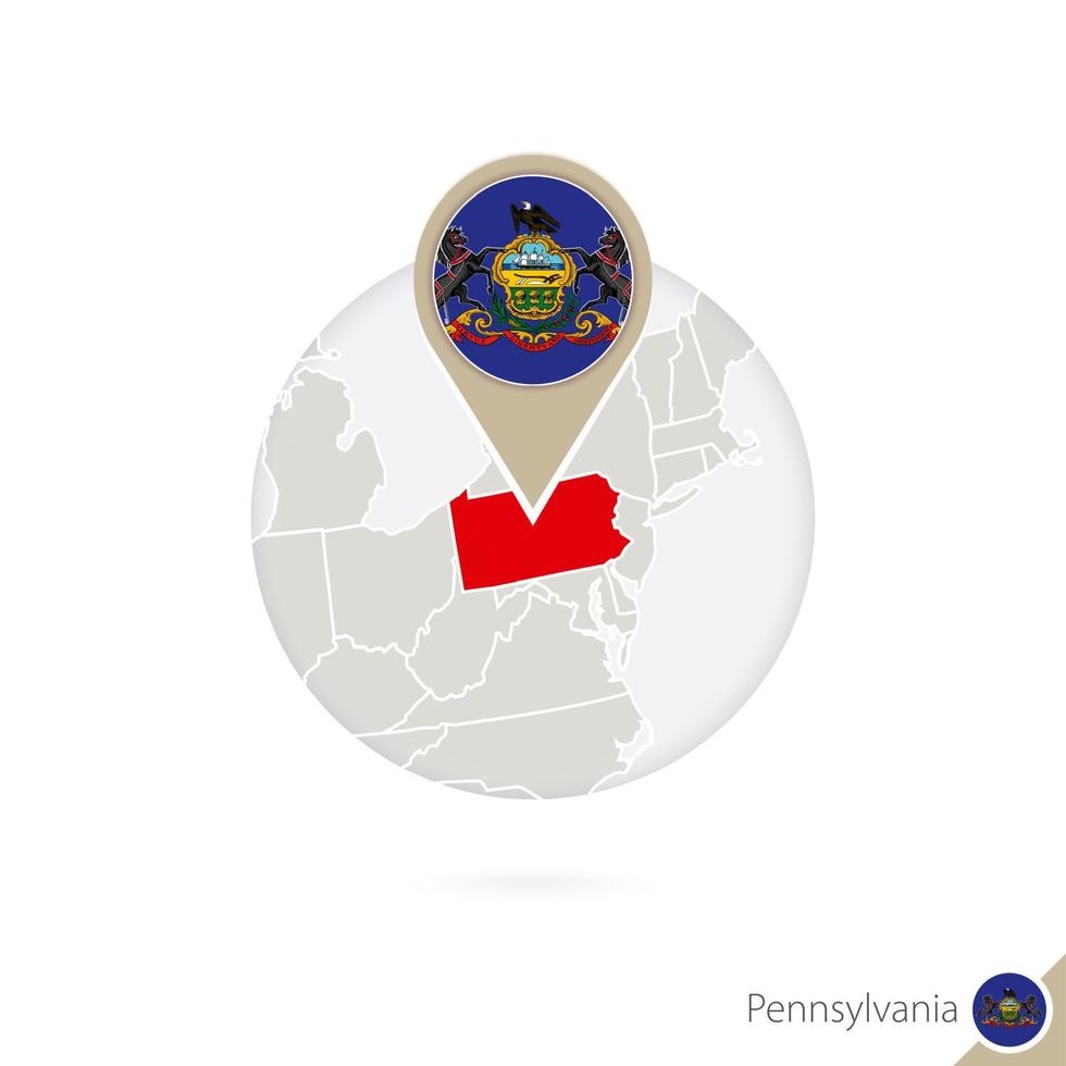 Pennsylvania US State map and flag in circle. Map of Pennsylvania, Pennsylvania flag pin. Map of Pennsylvania in the style of the globe. vector
