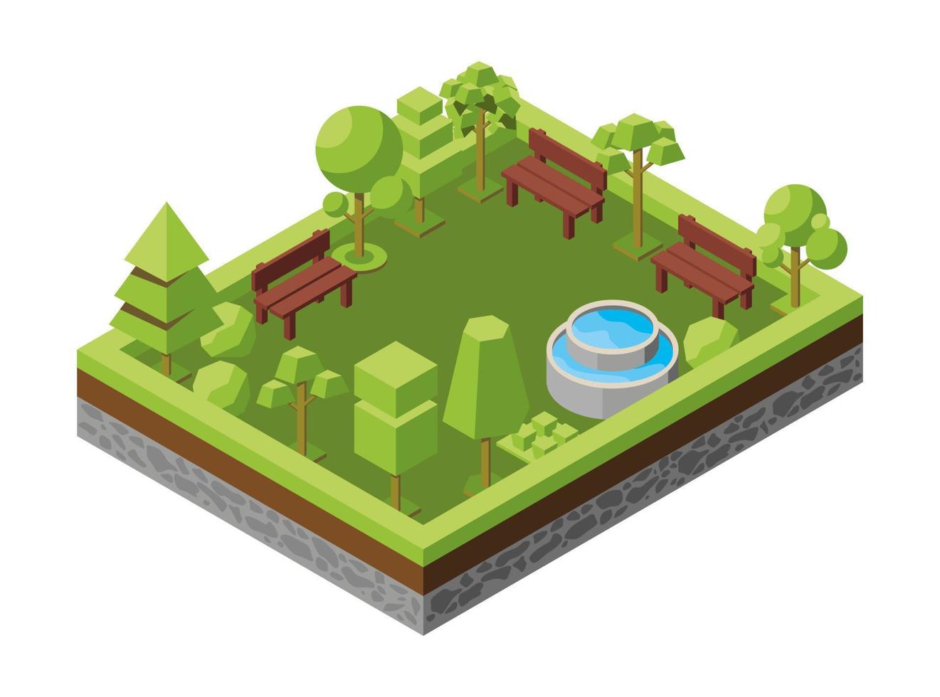 ilustración isométrica vectorial. concepto de parque ecológico, áreas recreativas con fuente y bancas. paisaje natural, bosque, arboleda, medio ambiente. objetos botánicos, árboles, plantas vector