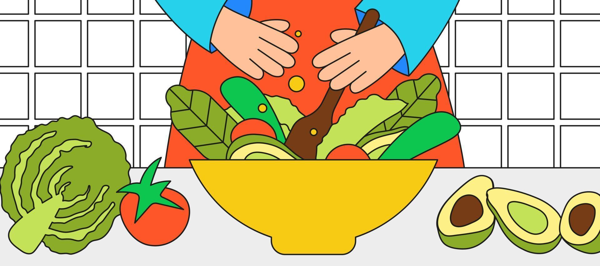 Girl in the kitchen preparing coleslaw, avocado and tomato salad. Flat vector illustration. Woman cooking healthy food, stirs fresh vegetables and spices in a bowl