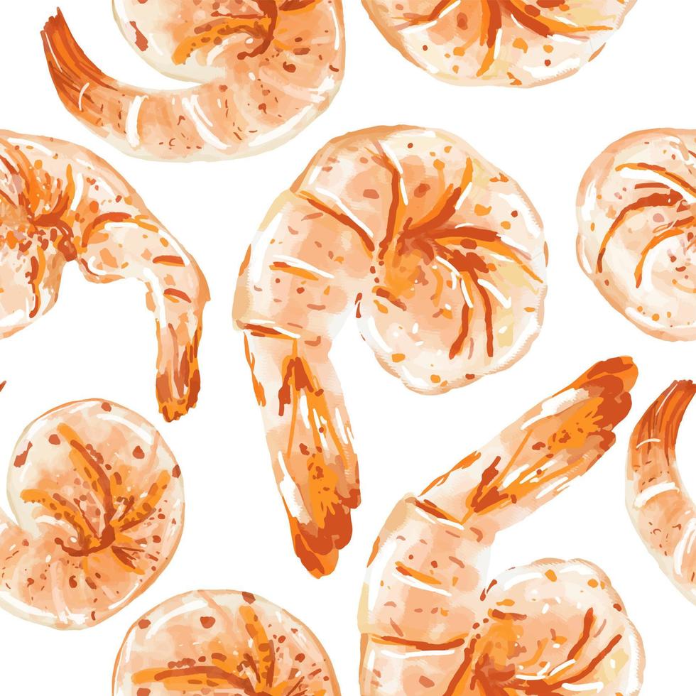 Vector food illustration, shrimp seamless pattern. Realistically drawn appetizing seafood