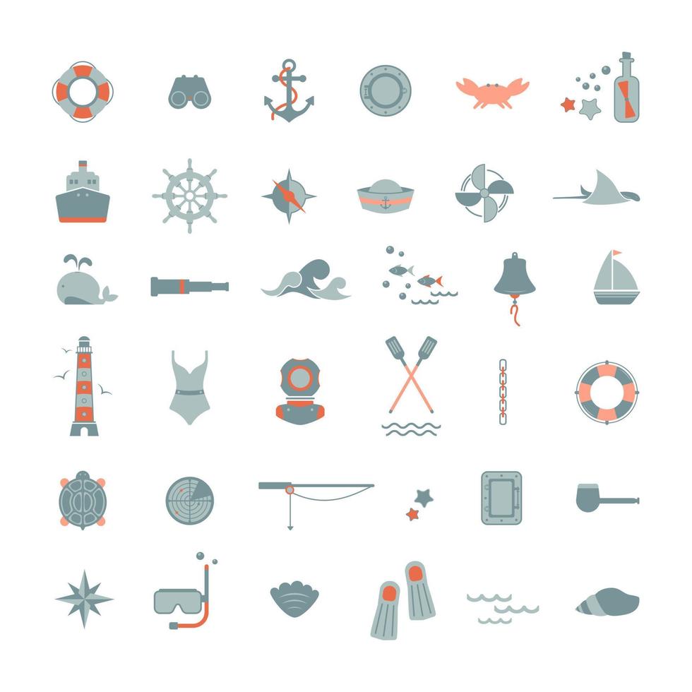 Vector set of flat icons on the theme of the sea, navigation, sea travel, tourism, diving. Nautical illustration of objects of seafaring