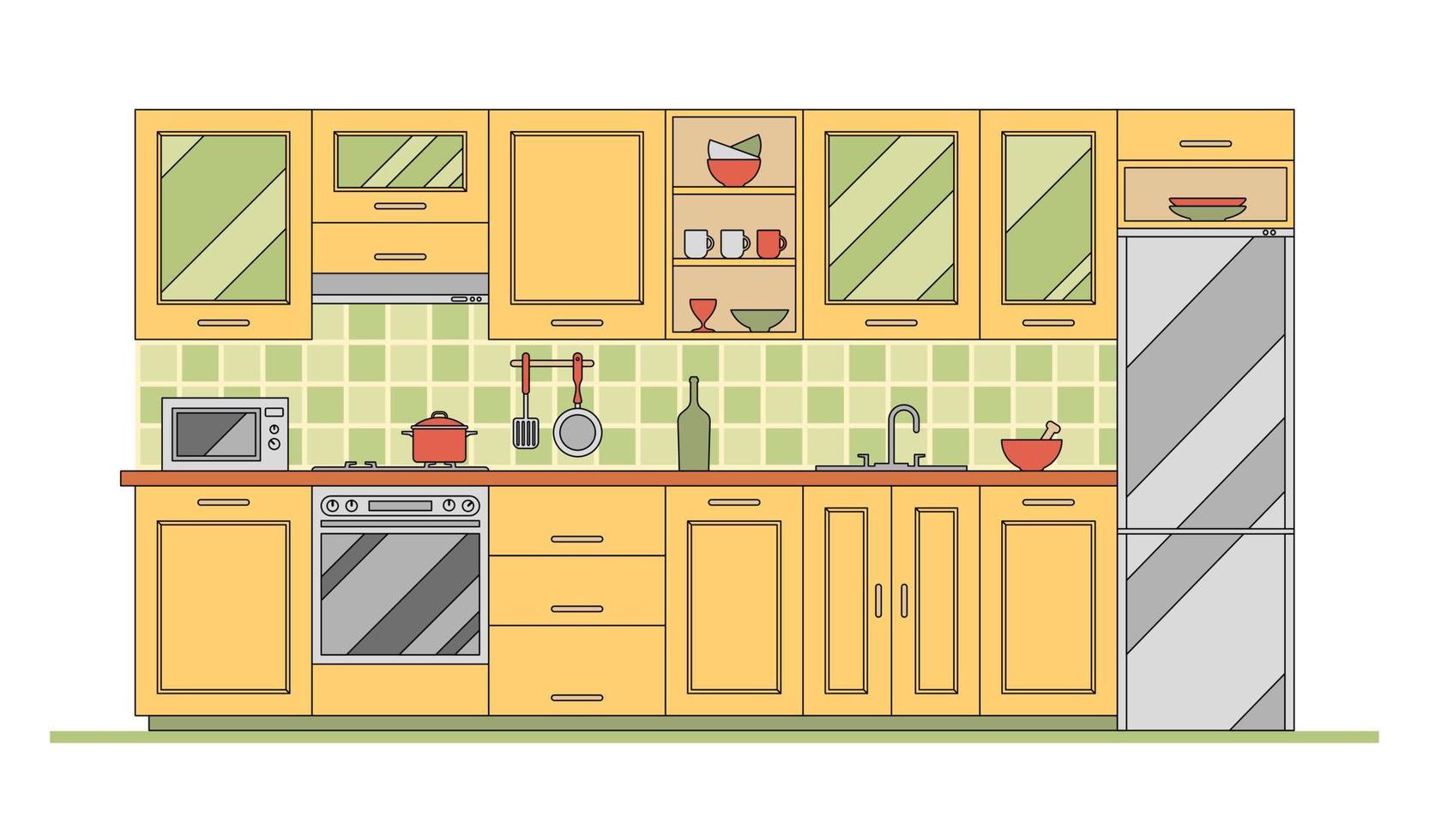 Vector flat illustration, modern kitchen furniture. Kitchenware, appliances and utensil