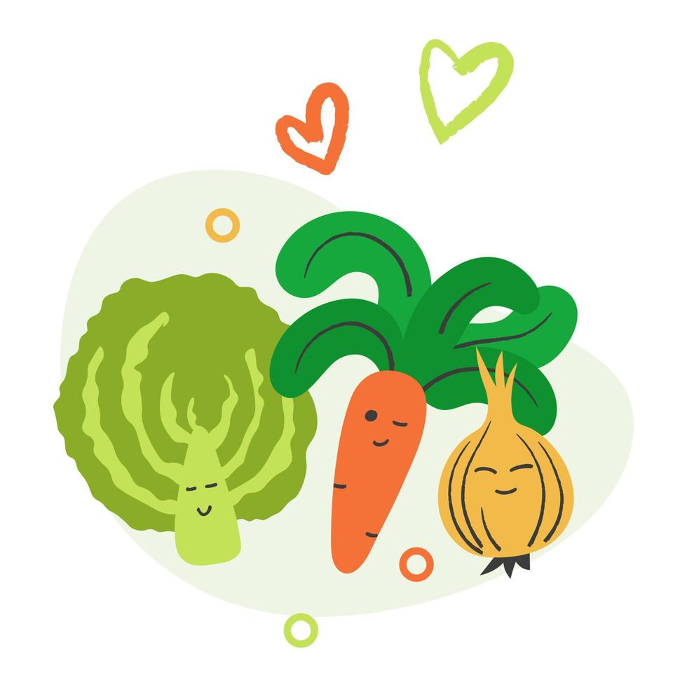 Set of funny vegetables, flat vector illustration