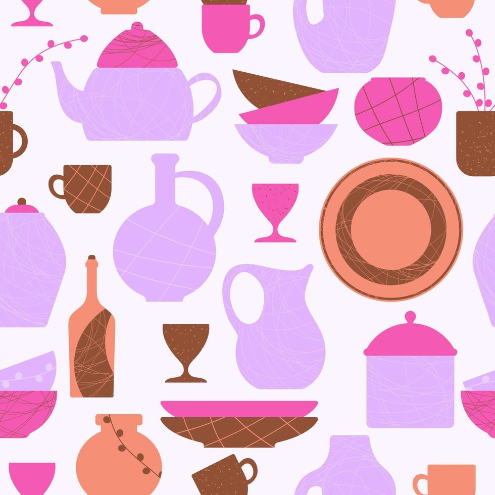 Seamless pattern of clay kitchenware icons. Abstract background of plates, cups, bowls, dishes, glasses, jugs and vases vector