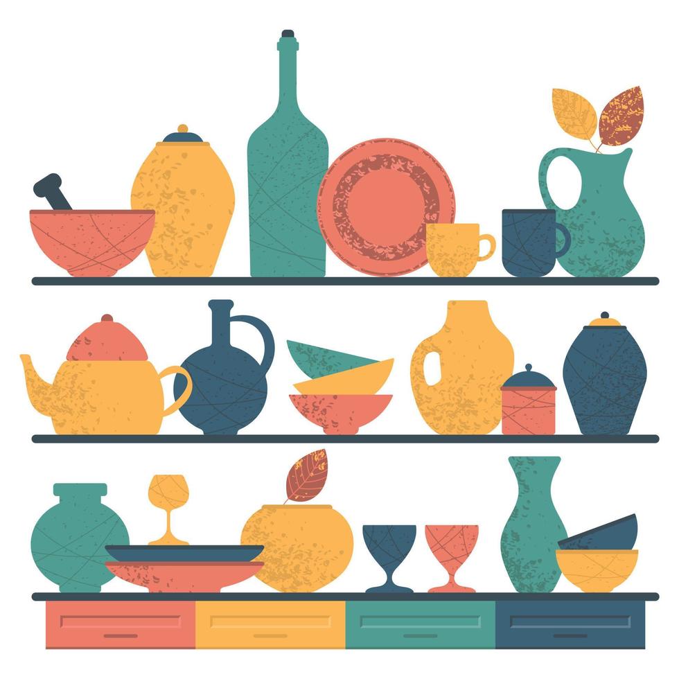 estantes de utensilios de cocina de arcilla. conjunto de utensilios de cocina, linda ilustración vectorial. colección de cuencos, platos, platos, jarrones, tazas, tetera y jarra. cerámica de dibujos animados, vajilla variada con textura vector