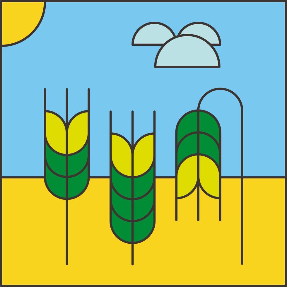 Vector flat illustration on the theme of agronomy. Spikelets of wheat on the field. Stylized image from geometric shapes