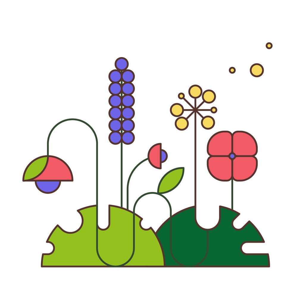 Summer meadow with flowers, flat vector illustration. Cute card with flowering plants