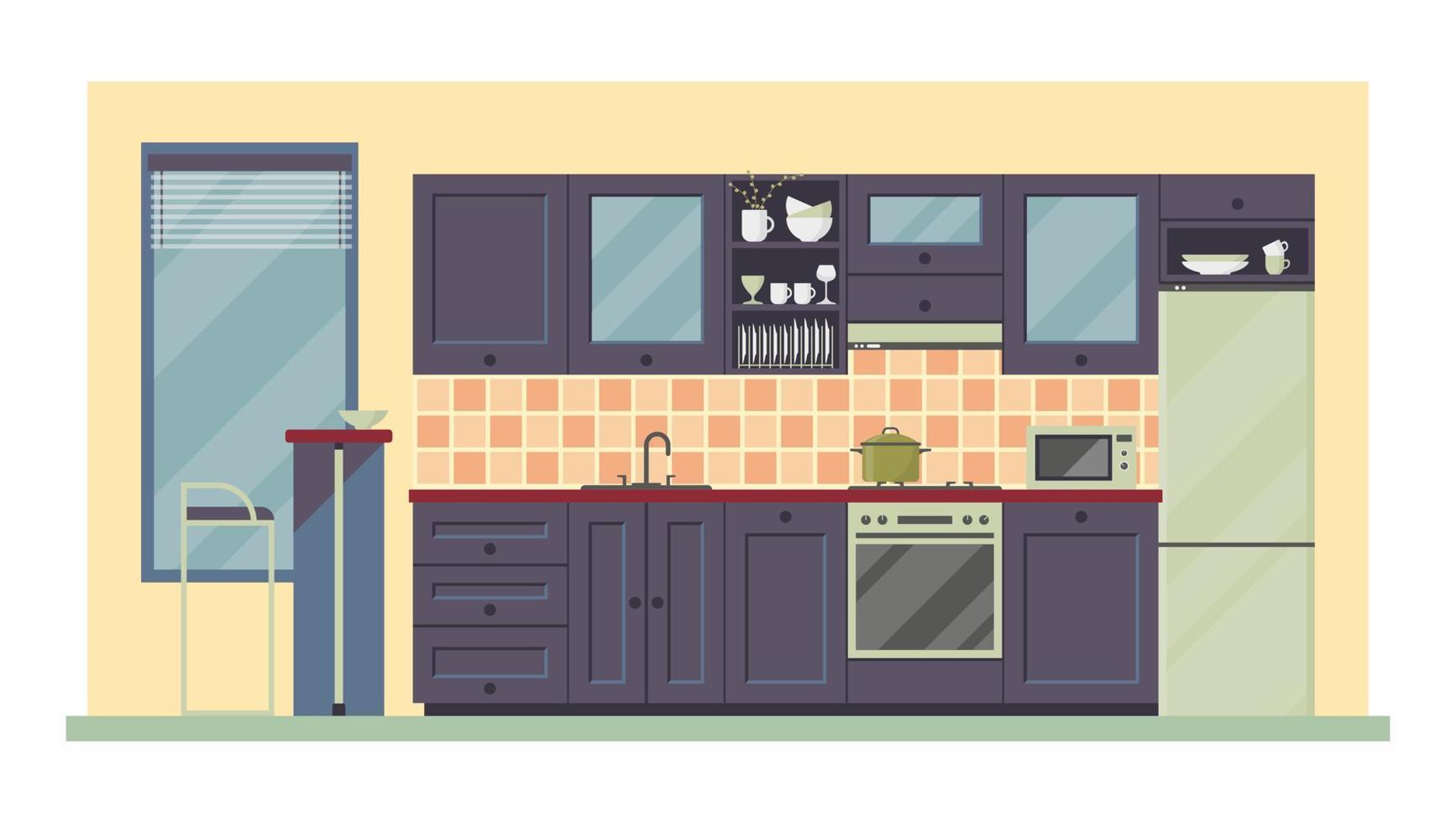Vector flat illustration, modern kitchen interior. Furniture, kitchenware and utensil. Food preparation equipment, appliances