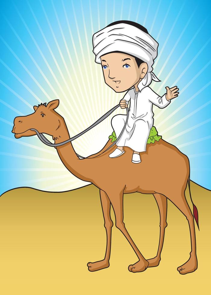 Muslim man riding a camel on dessert vector