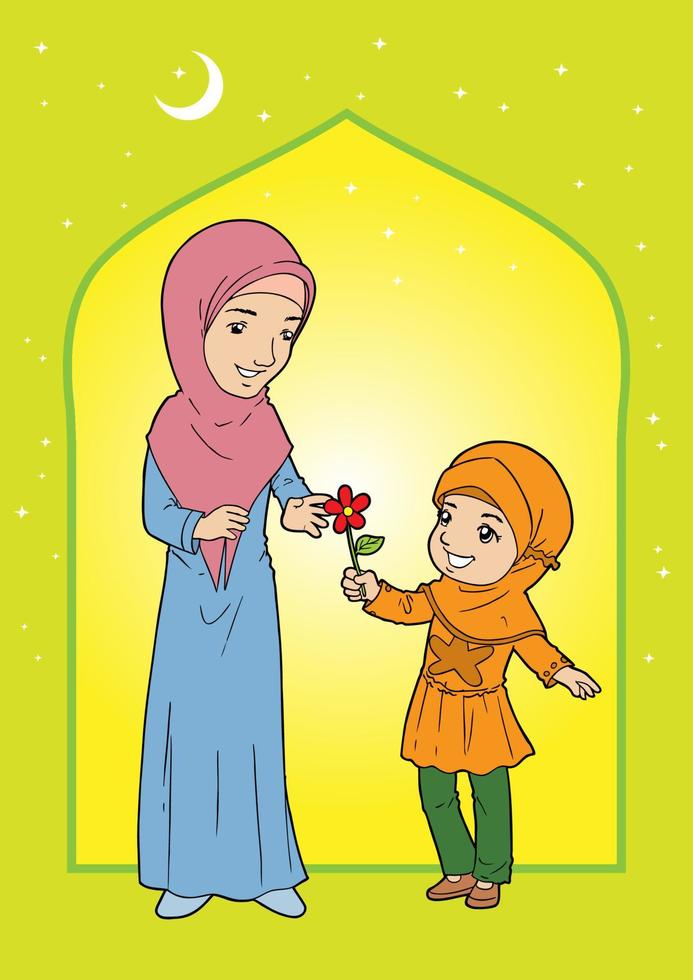 Asian Muslim girl gives flower to mother vector