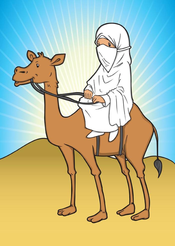 Muslim woman riding a camel on dessert vector