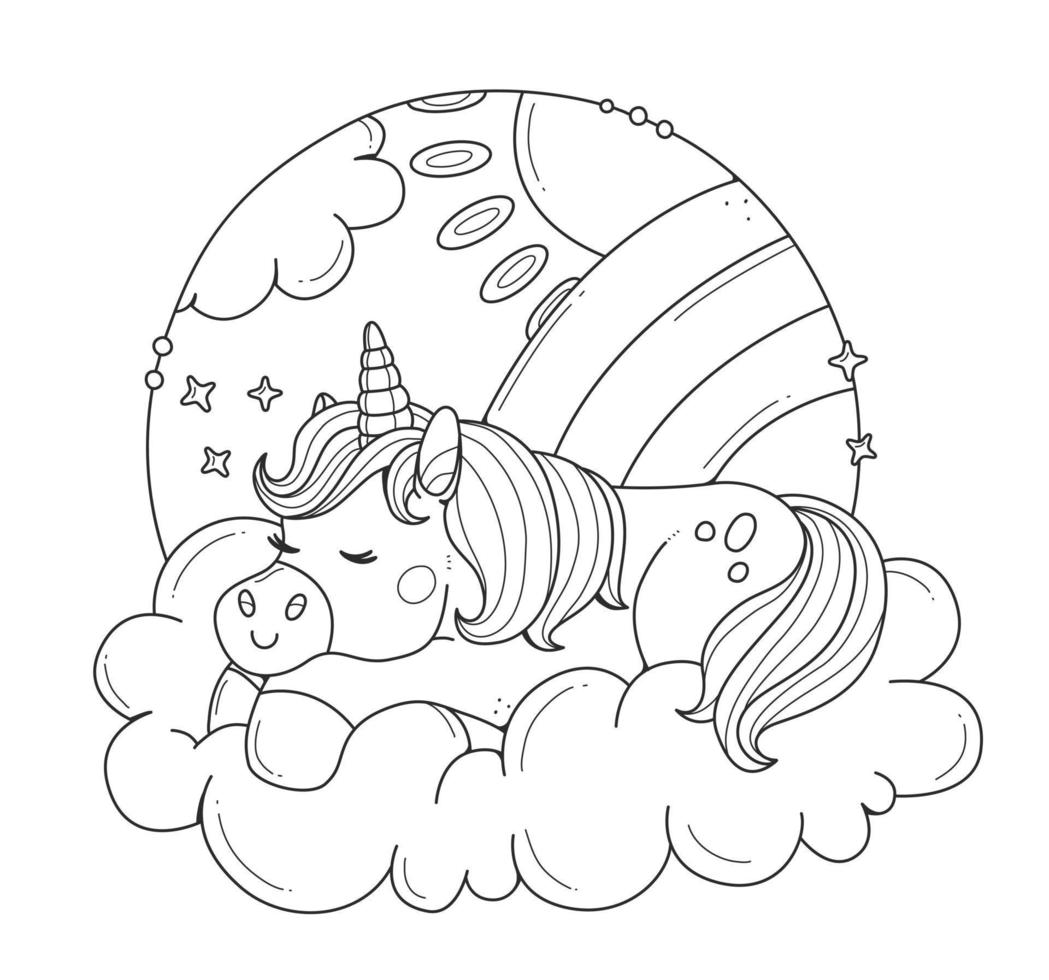 A unicorn sleeping on a cloud. Coloring book for kids. A coloring page with a cute horse sleeping on a cloud. Vector black and white illustration.