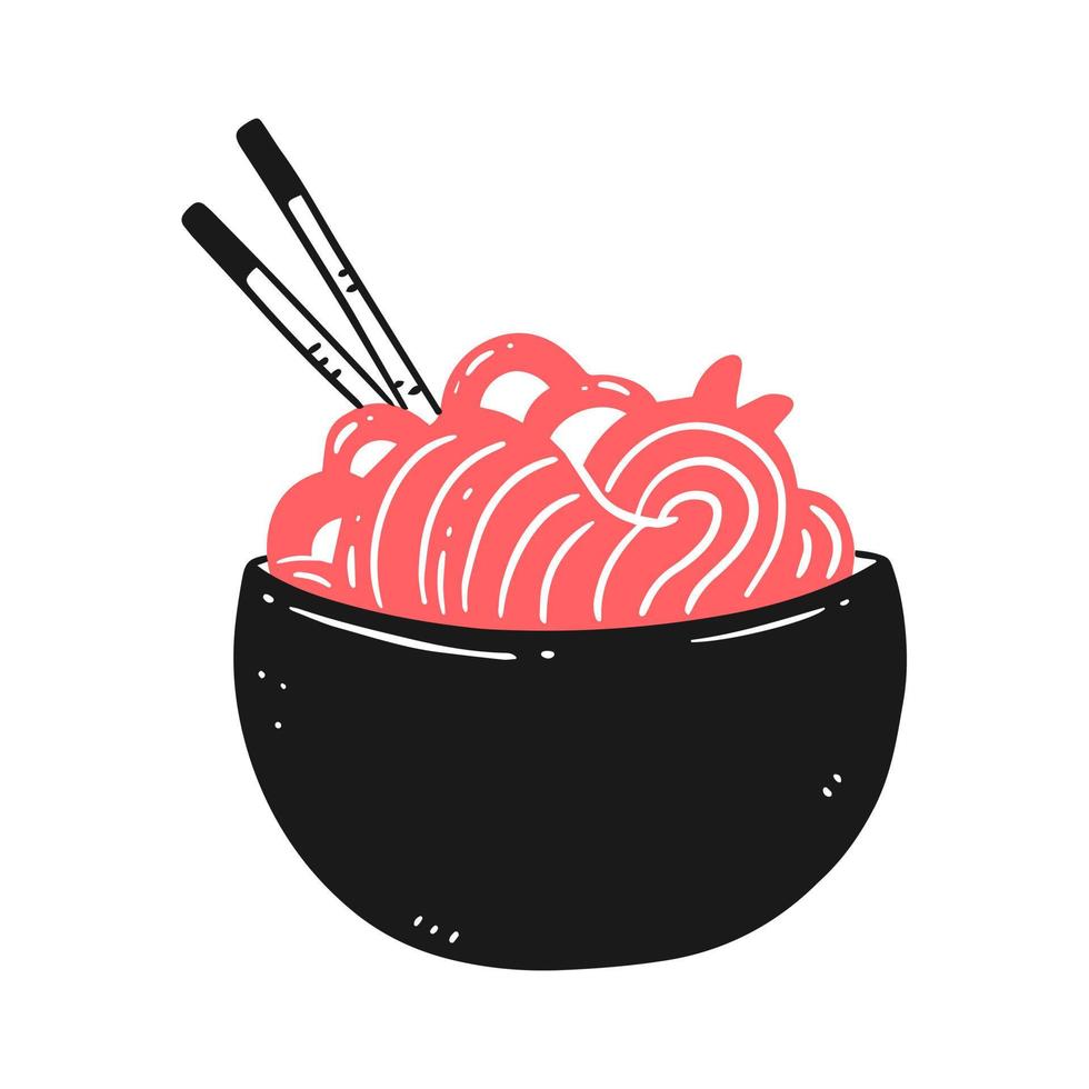 Ramen noodles with Chinese chopsticks in cartoon doodle style. Vector isolated food illustration.