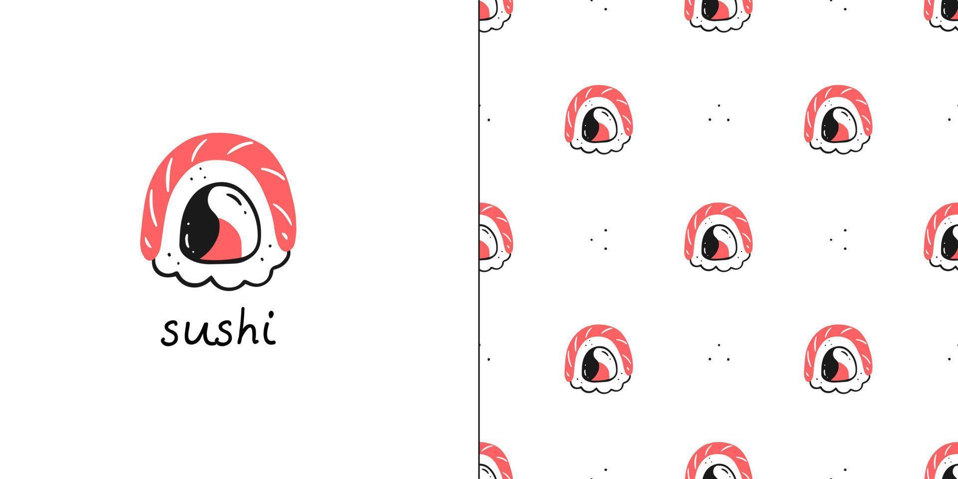 Seamless pattern with sushi rolls and a card with sushi text. Vector Asian cuisine illustration.