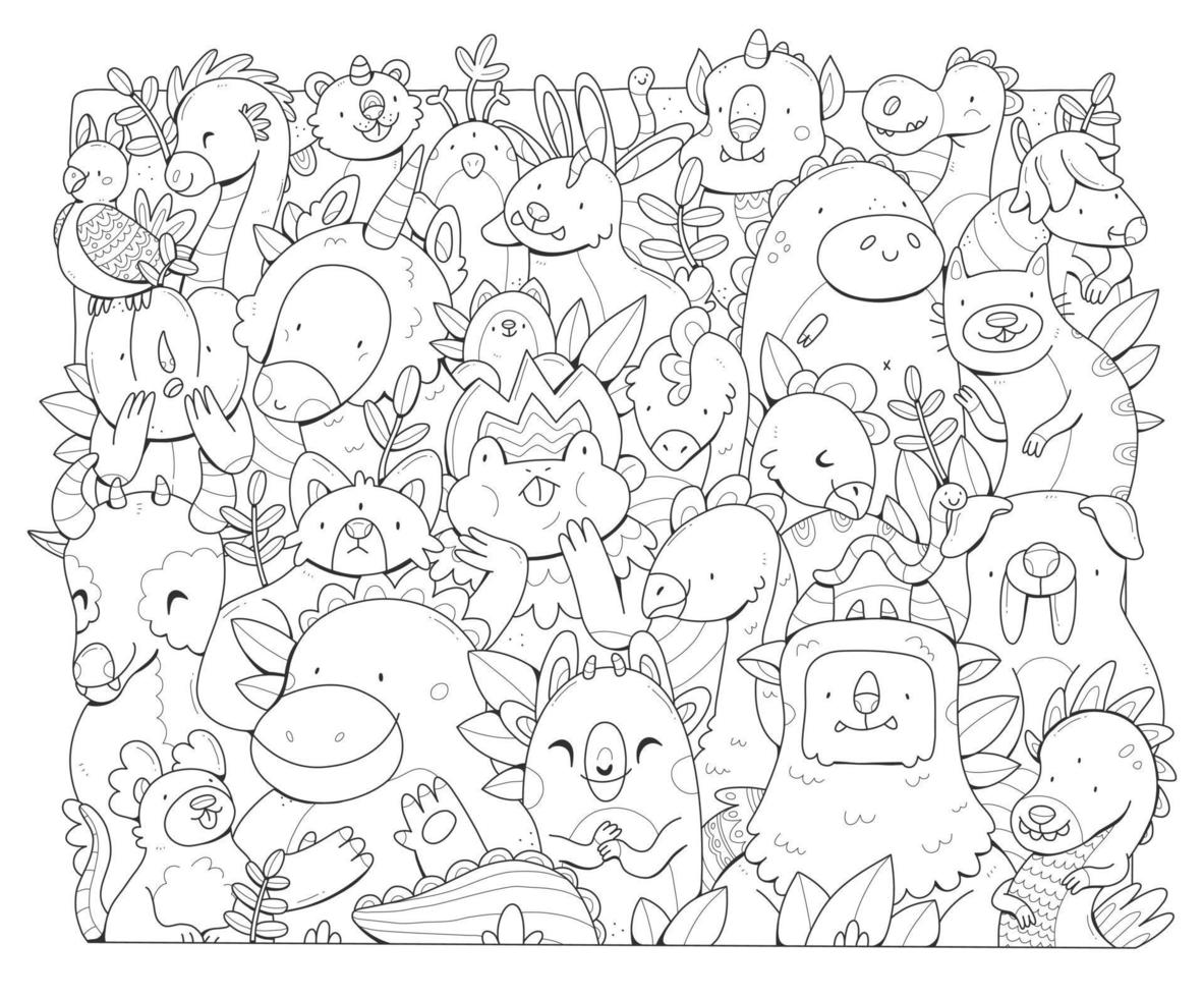 Monsters big doodle coloring book. The coloring page poster with different cute creatures. Vector black and white illustration.