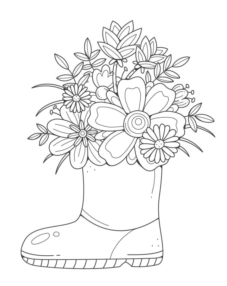 A rubber boot with flowers. Coloring book for children and adults. Coloring page with flowers. Vector illustration.