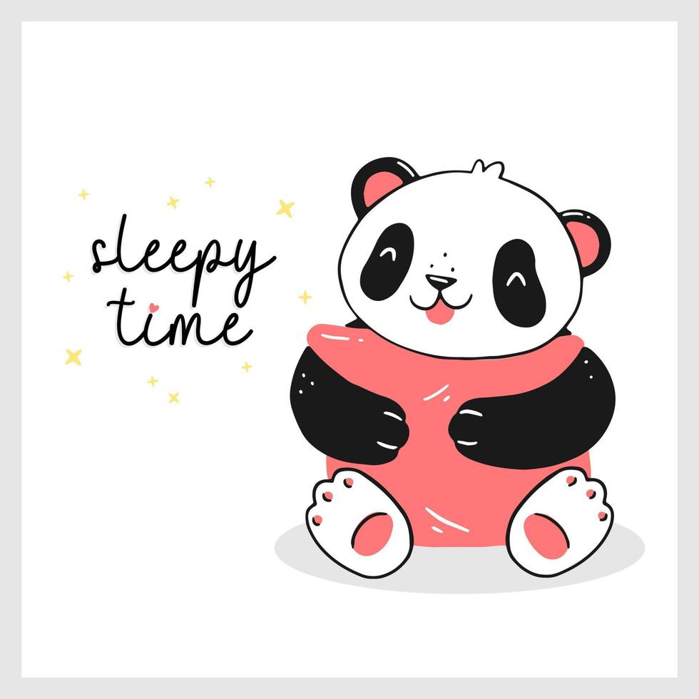 Cute panda with pillow and sleepy time text in cartoon doodle style. Design of a children's card. Poster template for the nursery. Vector illustration.